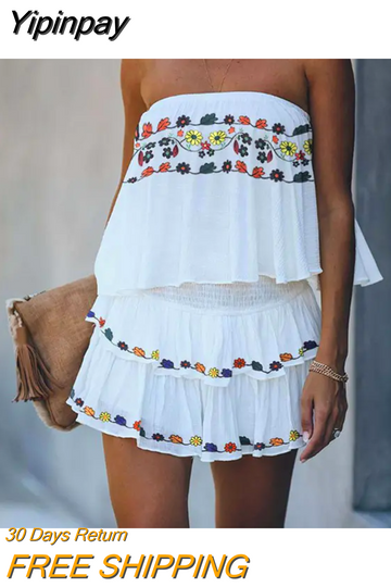 Yipinpay 2023 New Fashion Floral Print Romper Women White Bandeau Layered Ruffles Rompers